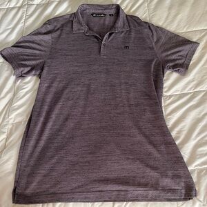TravisMathew men’s short sleeve polo in grey, lilac, XL.